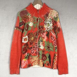 COLDWATER CREEK Embroidered Full Zip Sweater‎ Sz M Orange Printed Floral Cotton